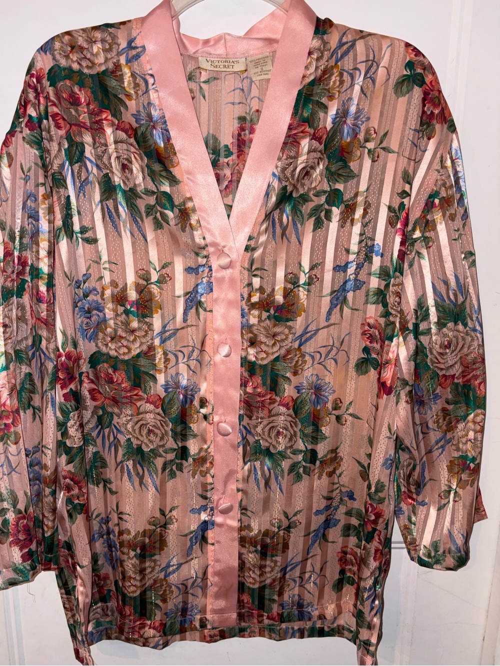 Victoria's Secret Vintage Gold Label S Pink Floral Satin Button-Front Sleep Top